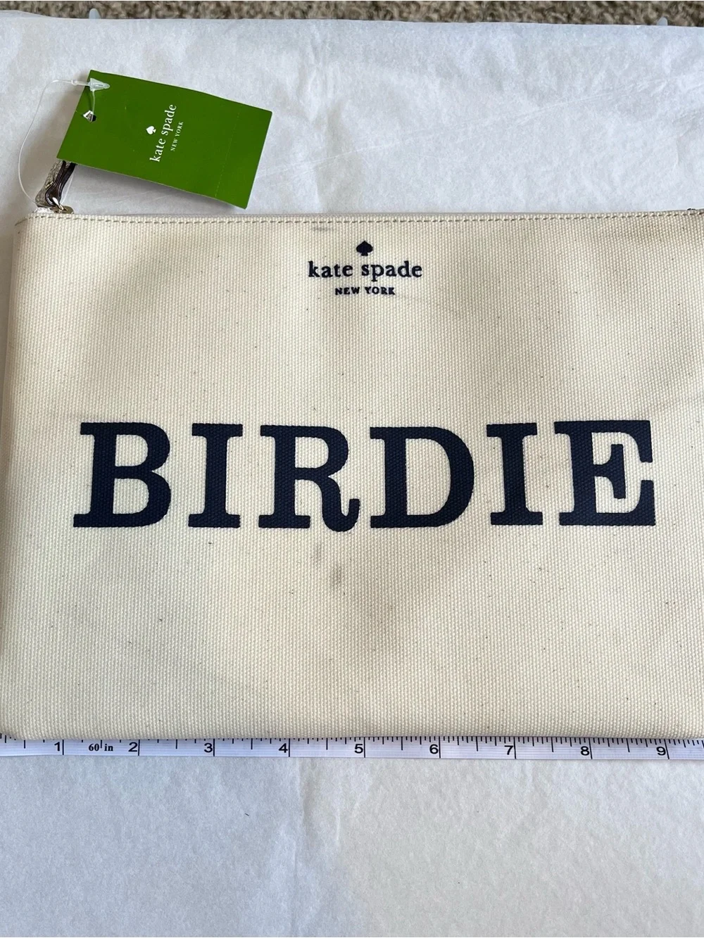 kate spade Coated Canvas Birdie Bogey Pouch NWT Navy/ Cream Discoloration FLAWED